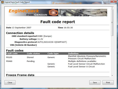 Print or save a fault code report