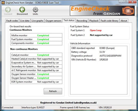 View on-board test and fuel system status